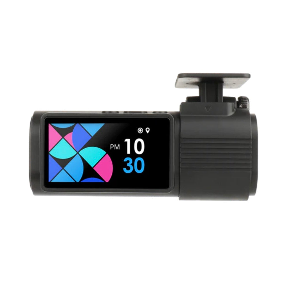 Vue de face de la dashcam Gnet G-ONW, avec l'écran proéminent affichant l'heure et l'interface colorée, et le support de montage visible en haut.