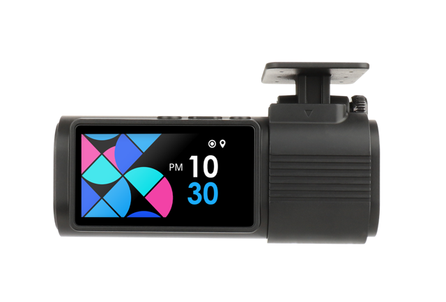 Vue de face de la dashcam Gnet G-ONW, avec l'écran proéminent affichant l'heure et l'interface colorée, et le support de montage visible en haut.