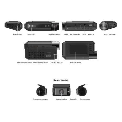 Gnet G-ON4 2CH Dashcam - Übersicht über alle Teile:  4K Kamera, Full HD Rückfahrkamera.