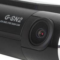 Close-up van de lens van de G-ON2 dashcam, met opschrift "G-ON2", onderstrepende de beeldregistratie in hoge kwaliteit.