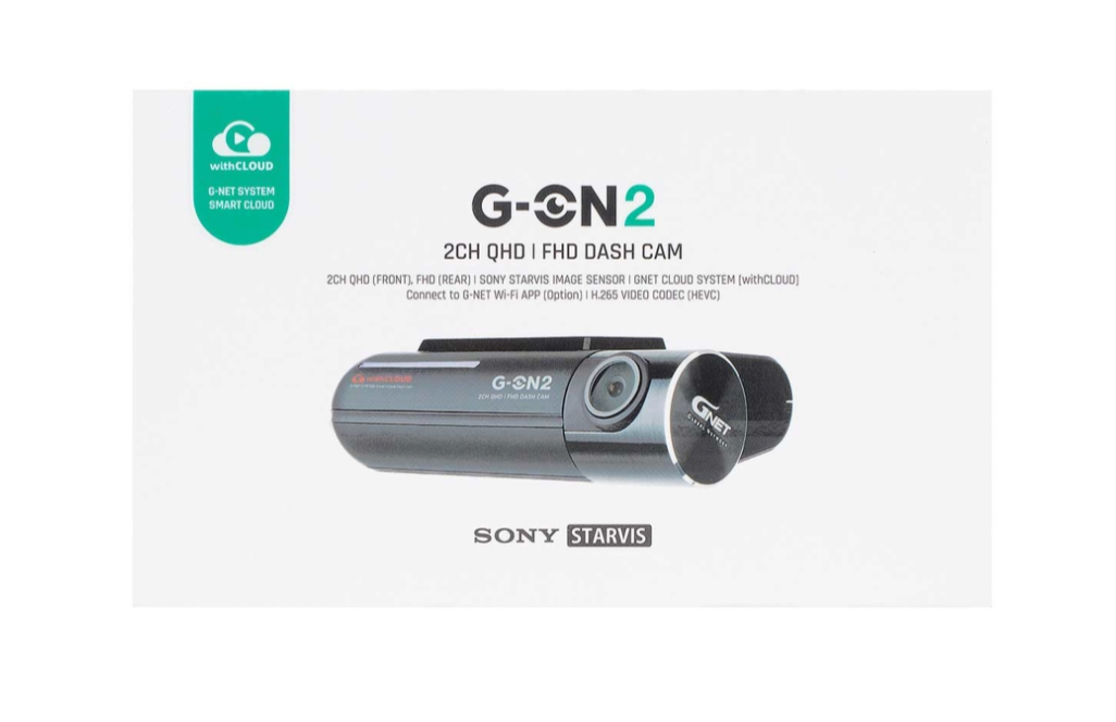 Verpakking van de G-ON2 dashcam met afbeeldingen en specificaties, waaronder cloudopslag en GPS-tracking voor optimale verkeersmonitoring.